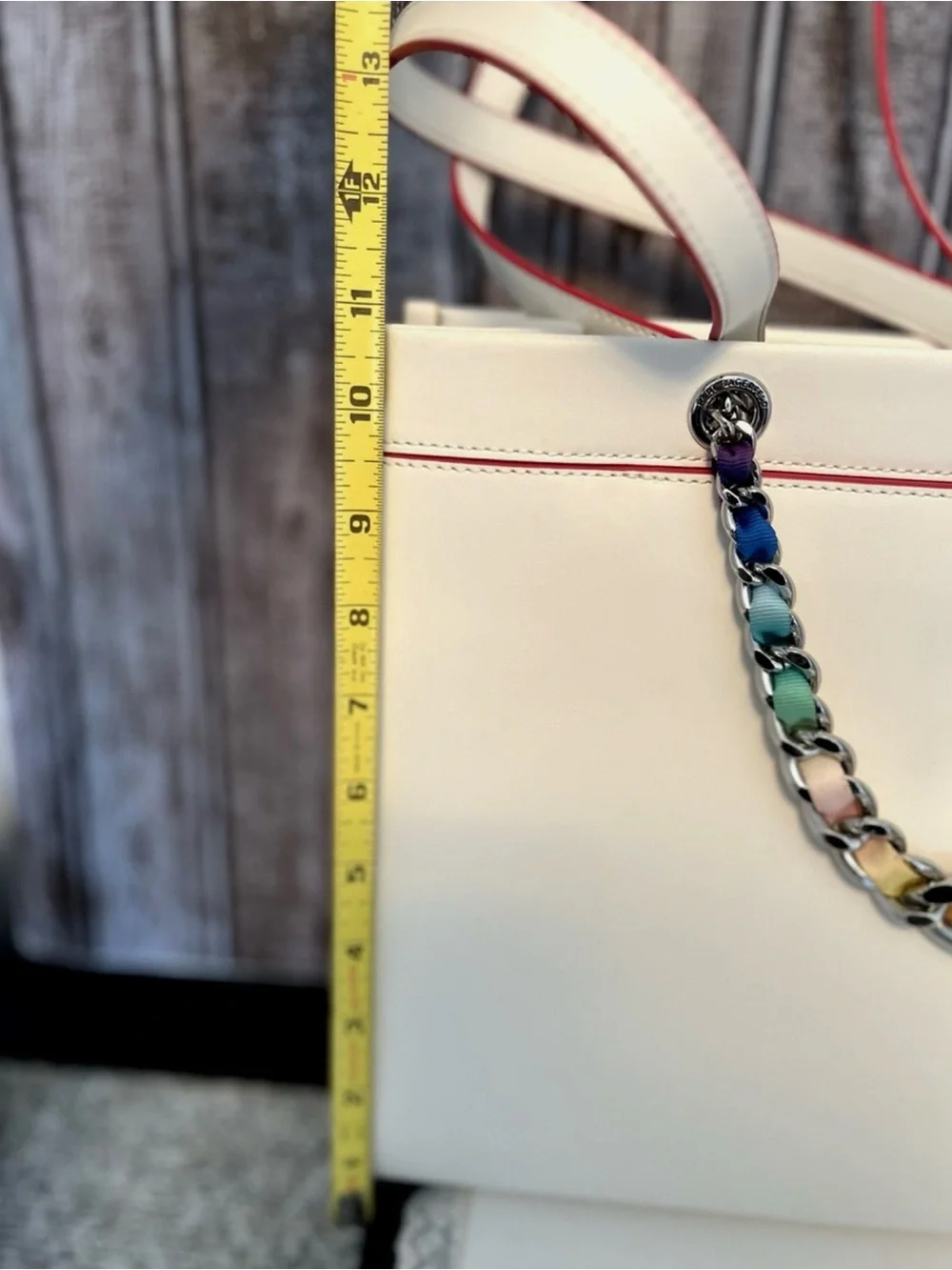 Karl Lagerfeld Large White Leather Carry-All Tote Laptop Purse Bag Rainbow Chain